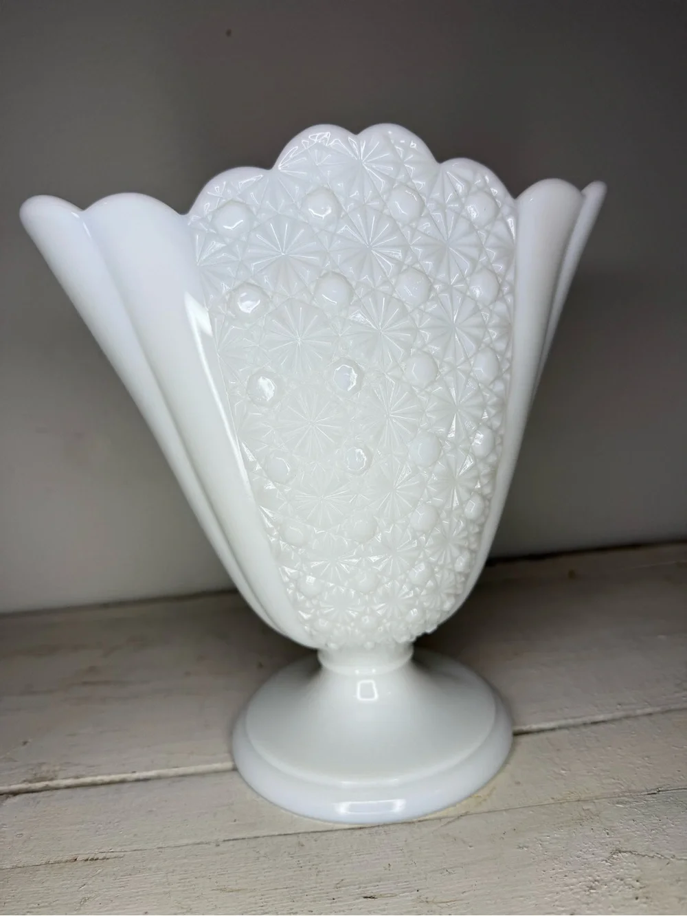 Vintage Fenton Daisy and Button Milk Glass Pedestal Vase Vintage Flared Vase